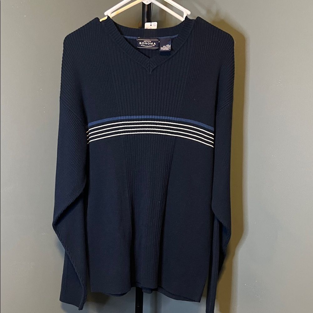 Sonoma Men's V-Neck Sweater in Dark Blue with Stripe Detail